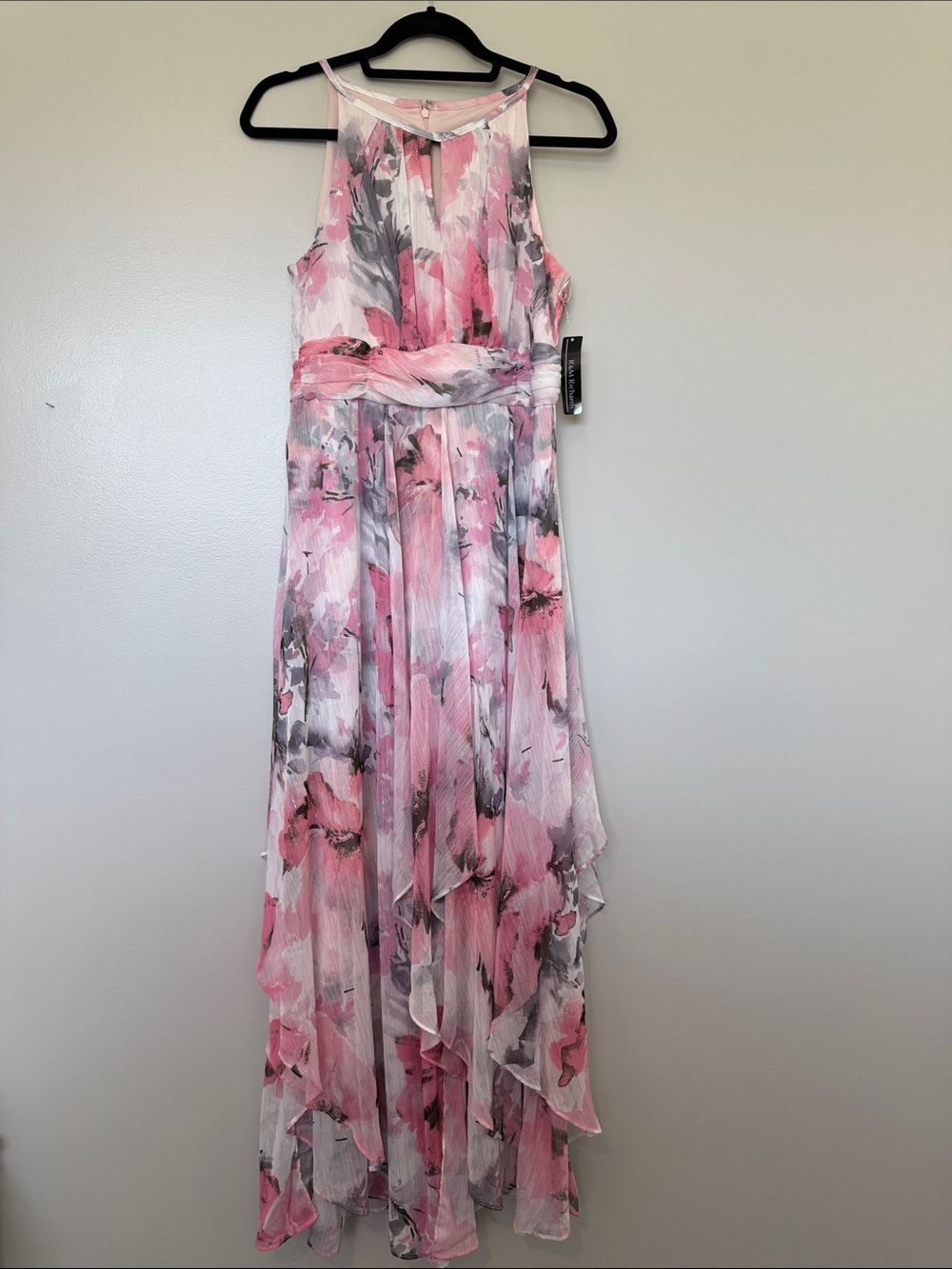 R&M Richards Pink and Gray Floral Halter Maxi Dress